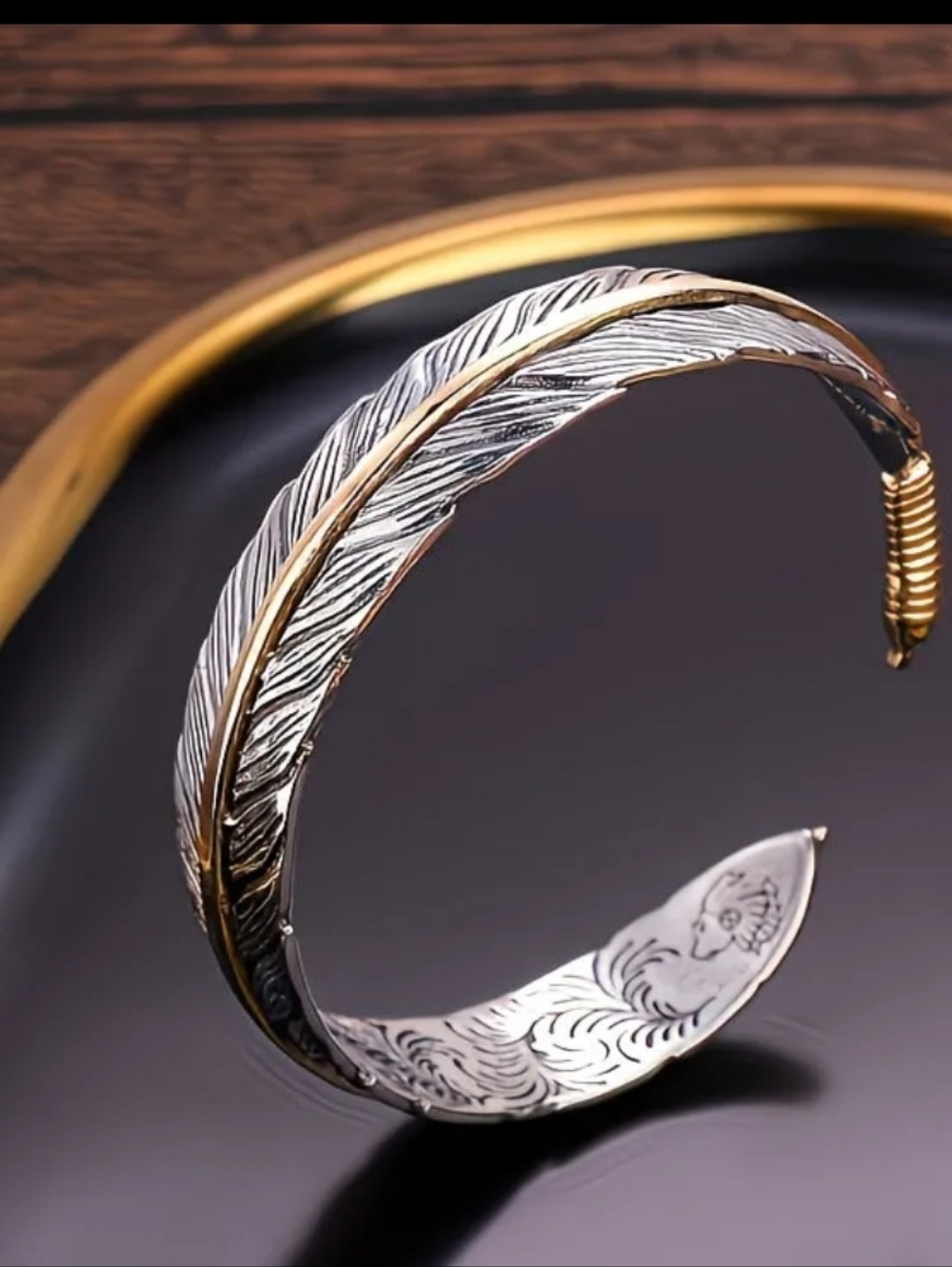 New Silver and Gold Tone Feather Cuff Bracelet - Picture 2 of 2